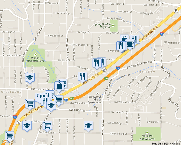 map of restaurants, bars, coffee shops, grocery stores, and more near 3645 Southwest Baird Street in Portland