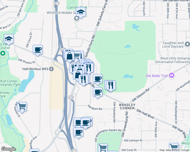 map of restaurants, bars, coffee shops, grocery stores, and more near 8655 Southwest Brightfield Circle in Portland