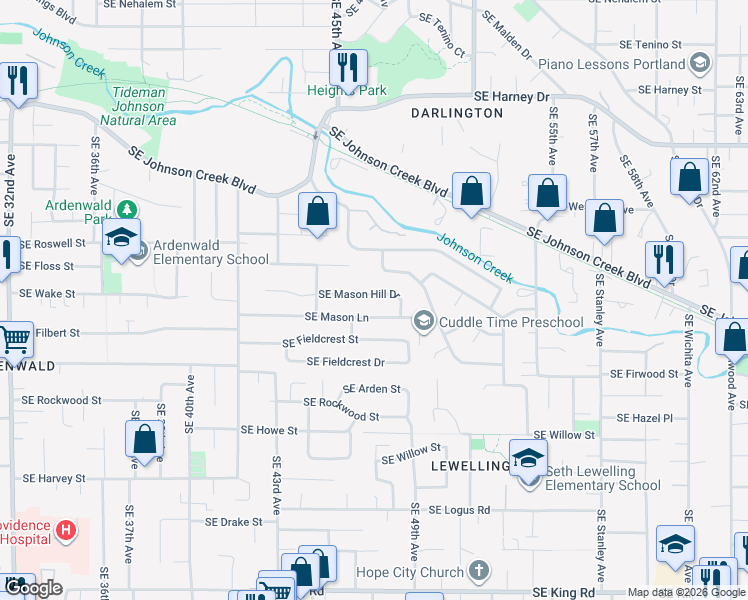 map of restaurants, bars, coffee shops, grocery stores, and more near 4704 Southeast Meadowcrest Court in Milwaukie