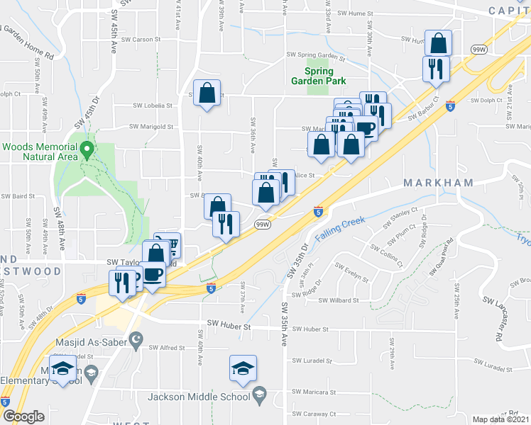 map of restaurants, bars, coffee shops, grocery stores, and more near 3633 Southwest Baird Street in Portland