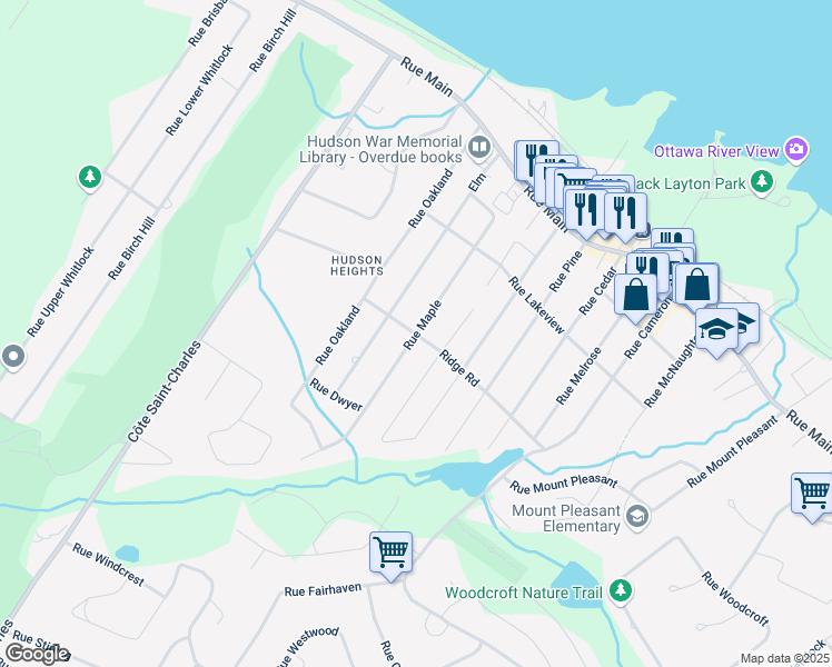 map of restaurants, bars, coffee shops, grocery stores, and more near Rue Maple in Hudson