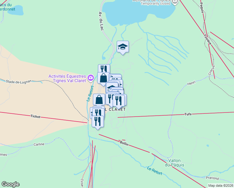 map of restaurants, bars, coffee shops, grocery stores, and more near 15 Montée des Tufs in Tignes