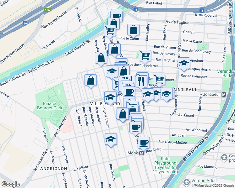map of restaurants, bars, coffee shops, grocery stores, and more near 2515 Rue Jolicoeur in Montréal
