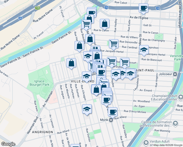 map of restaurants, bars, coffee shops, grocery stores, and more near 2515 Rue Jolicoeur in Montréal