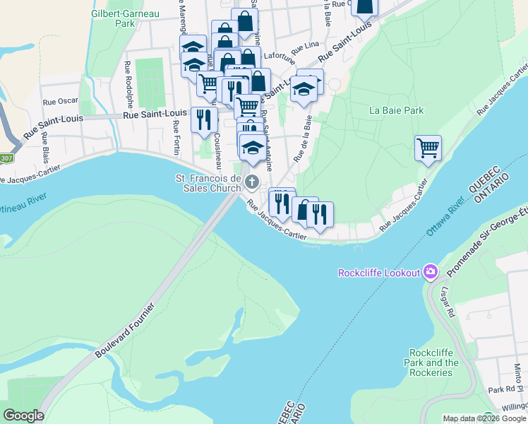 map of restaurants, bars, coffee shops, grocery stores, and more near 815 Rue Jacques-Cartier in Gatineau