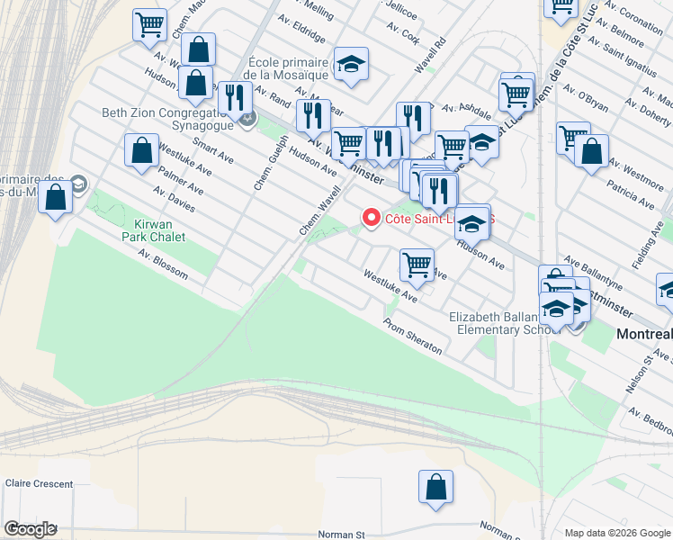 map of restaurants, bars, coffee shops, grocery stores, and more near 271 Prom Sheraton in Montreal West