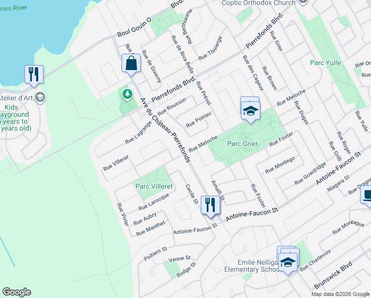 map of restaurants, bars, coffee shops, grocery stores, and more near 4617 Avenue du Château Pierrefonds in Montréal