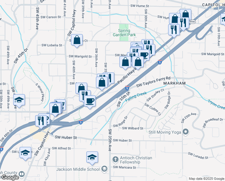 map of restaurants, bars, coffee shops, grocery stores, and more near 9406 Southwest Barbur Boulevard in Portland
