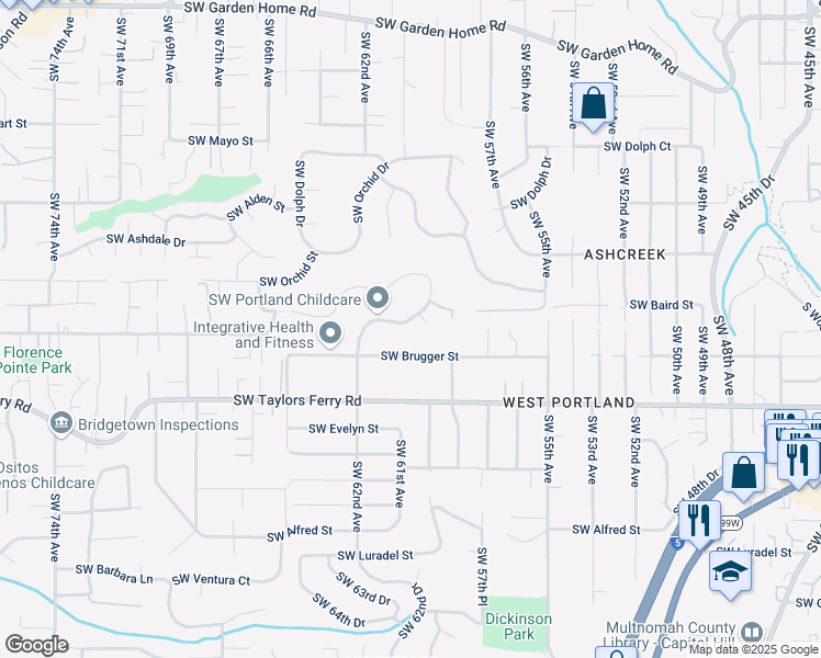 map of restaurants, bars, coffee shops, grocery stores, and more near 9529 Southwest 62nd Drive in Portland