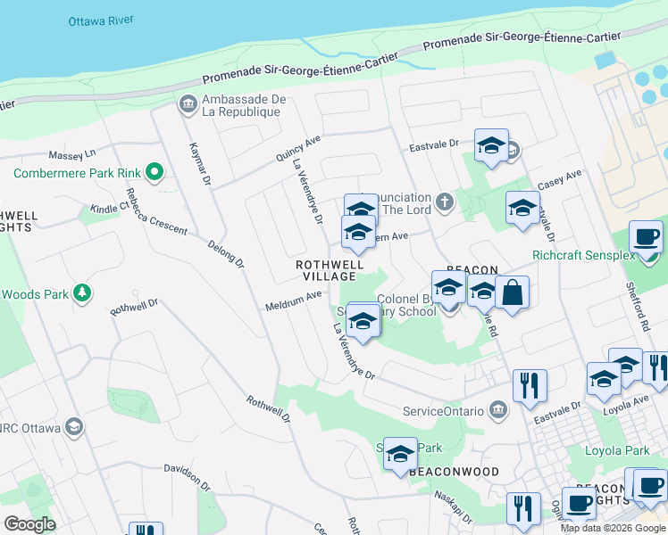map of restaurants, bars, coffee shops, grocery stores, and more near 607 La Vérendrye Drive in Ottawa