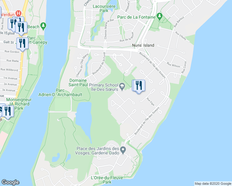 map of restaurants, bars, coffee shops, grocery stores, and more near 612 Rue de Gaspé in Montréal