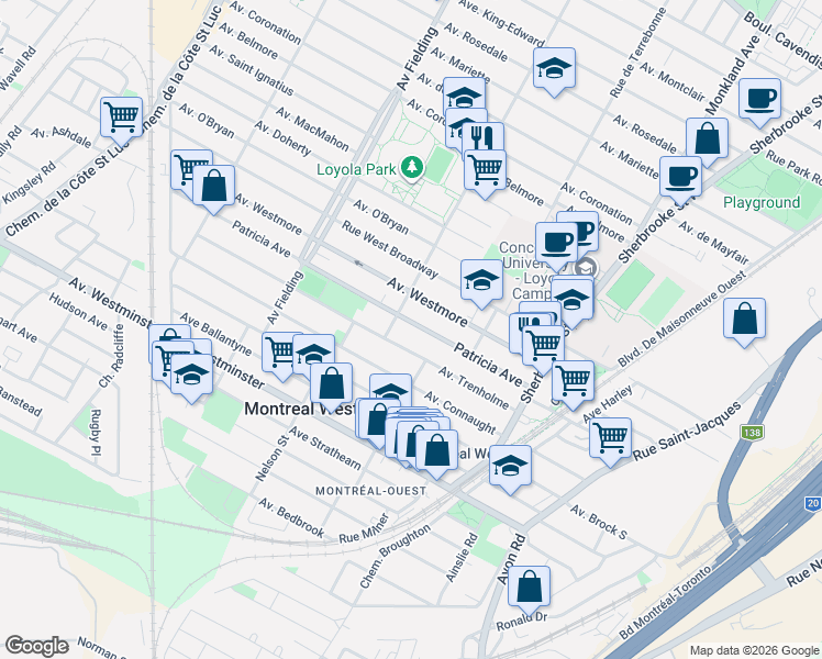 map of restaurants, bars, coffee shops, grocery stores, and more near 4636 Avenue Patricia in Montréal