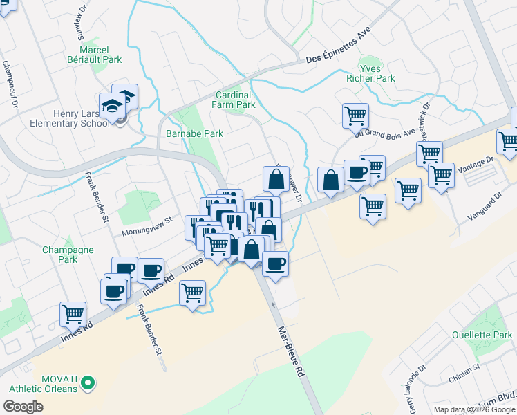 map of restaurants, bars, coffee shops, grocery stores, and more near 2067 Legrand Crescent in Ottawa
