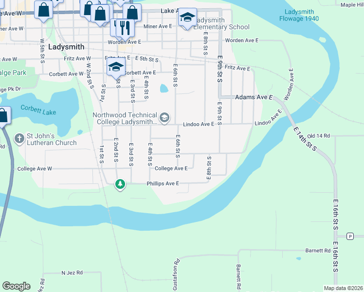 map of restaurants, bars, coffee shops, grocery stores, and more near 805 East 6th Street South in Ladysmith