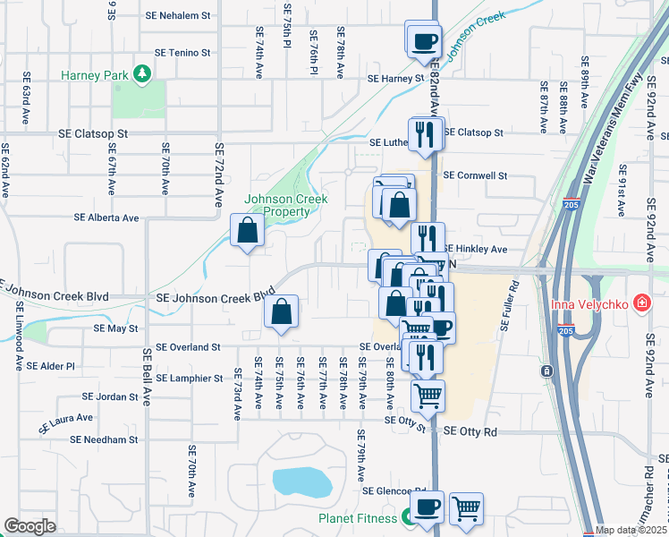 map of restaurants, bars, coffee shops, grocery stores, and more near 7731 Southeast Johnson Creek Boulevard in Portland