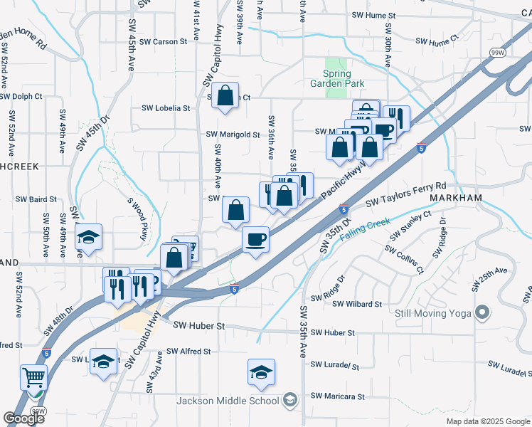 map of restaurants, bars, coffee shops, grocery stores, and more near 3645 Southwest Baird Street in Portland
