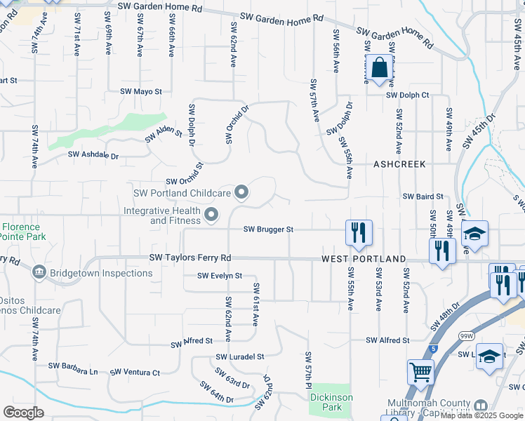map of restaurants, bars, coffee shops, grocery stores, and more near 9529 Southwest 62nd Drive in Portland