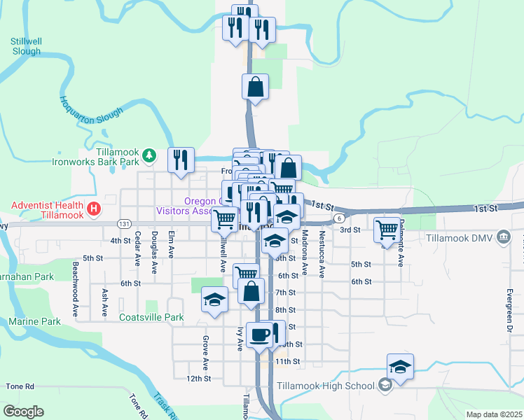 map of restaurants, bars, coffee shops, grocery stores, and more near 2199 Wilson River Hwy in Tillamook