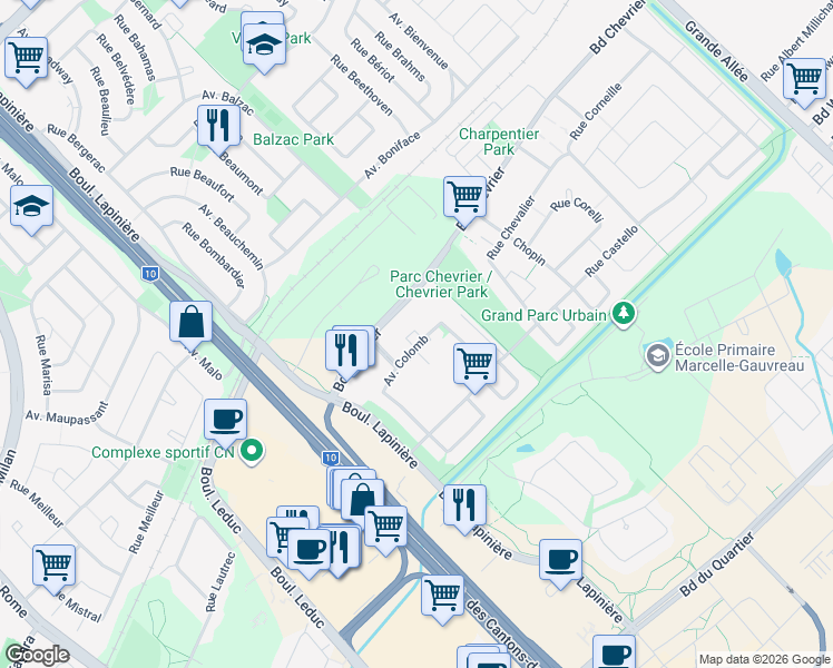map of restaurants, bars, coffee shops, grocery stores, and more near 4725 Avenue Colomb in Brossard