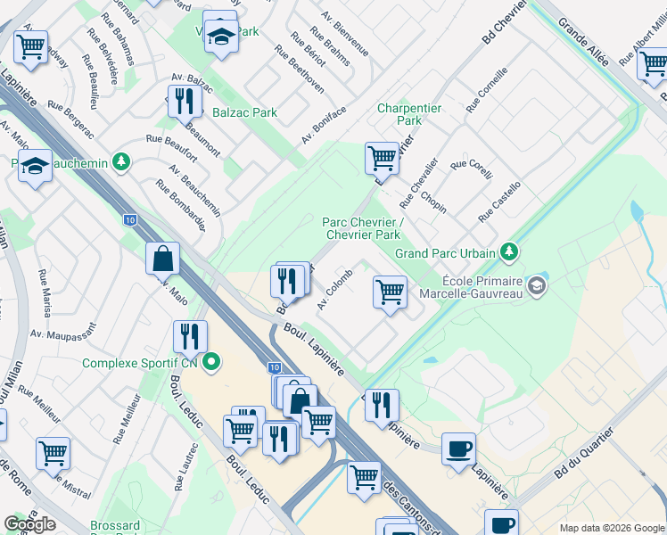 map of restaurants, bars, coffee shops, grocery stores, and more near 4845 Avenue Colomb in Brossard
