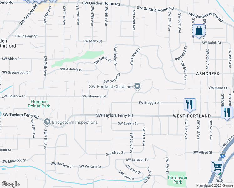 map of restaurants, bars, coffee shops, grocery stores, and more near 9411 Southwest 62nd Drive in Portland