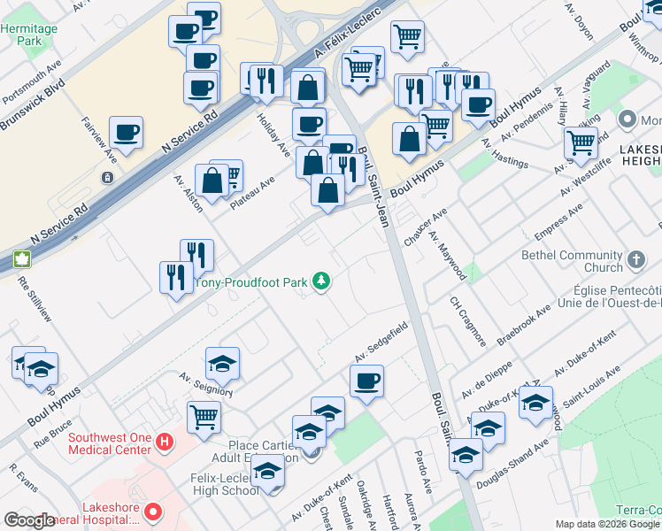 map of restaurants, bars, coffee shops, grocery stores, and more near 11 Avenue Gendron in Pointe-Claire