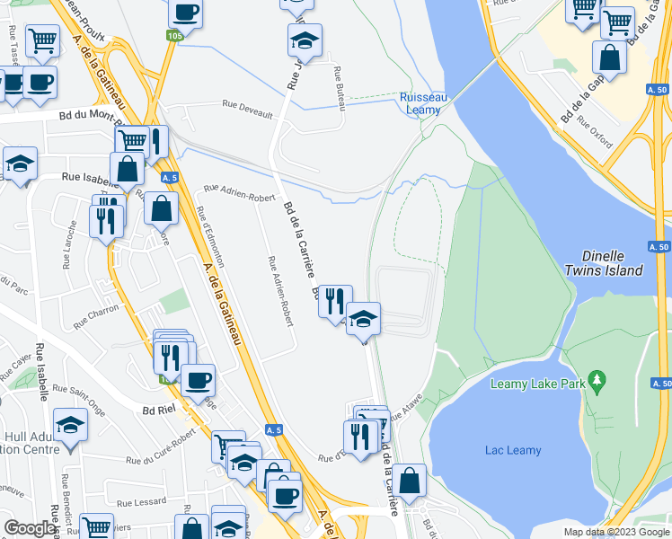map of restaurants, bars, coffee shops, grocery stores, and more near 900 Boulevard de la Carrière in Gatineau