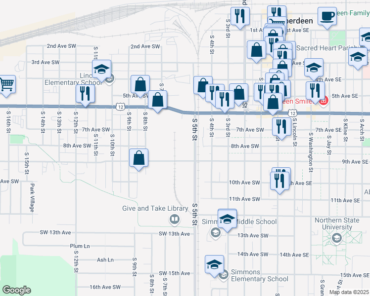 map of restaurants, bars, coffee shops, grocery stores, and more near 804 S 5th St in Aberdeen