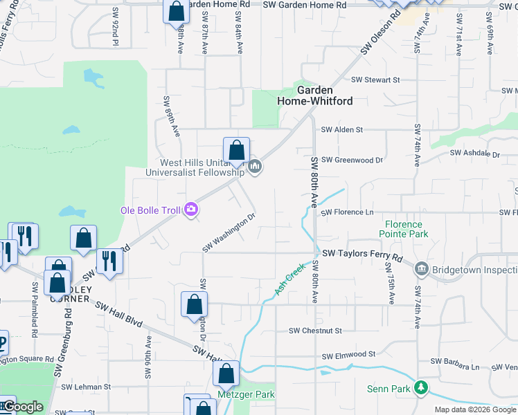 map of restaurants, bars, coffee shops, grocery stores, and more near 8740 Southwest Washington Drive in Portland