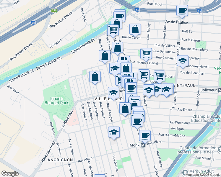 map of restaurants, bars, coffee shops, grocery stores, and more near 6125 Rue Hamilton in Montréal