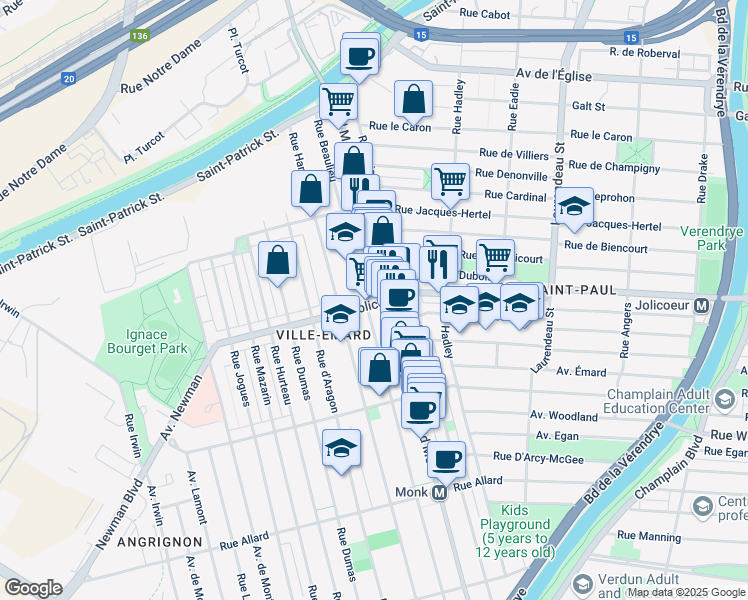 map of restaurants, bars, coffee shops, grocery stores, and more near in Montreal