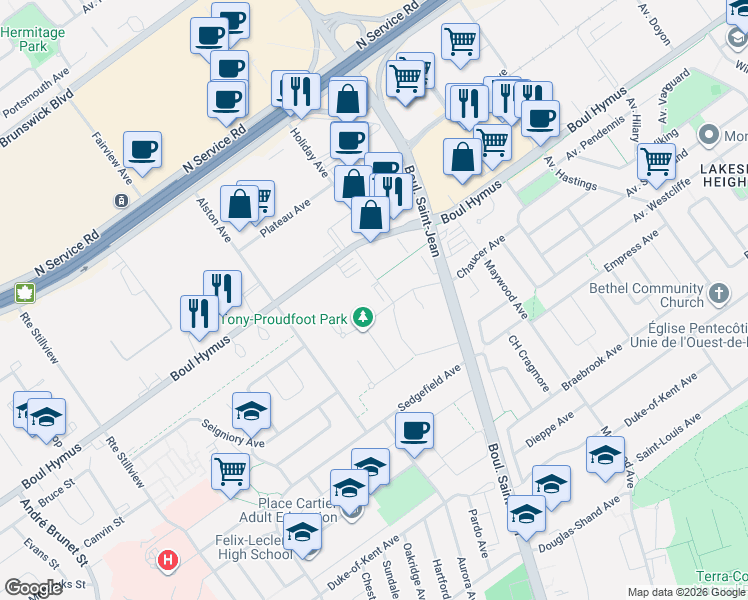 map of restaurants, bars, coffee shops, grocery stores, and more near 11 Avenue Gendron in Pointe-Claire