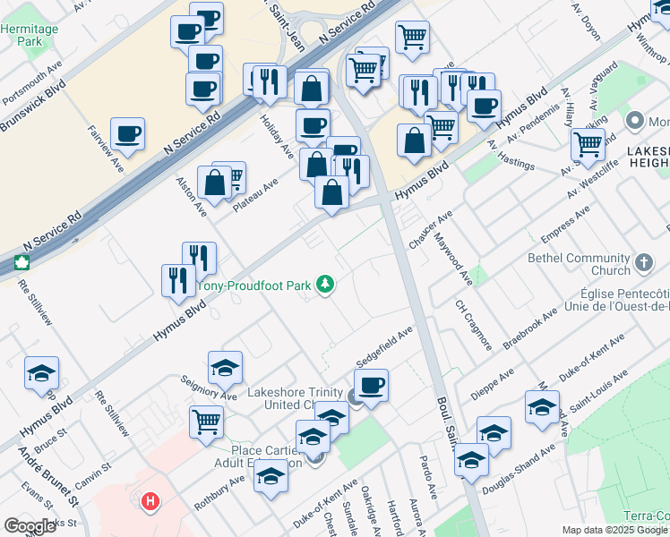 map of restaurants, bars, coffee shops, grocery stores, and more near 11 Avenue Gendron in Pointe-Claire