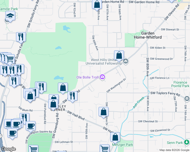 map of restaurants, bars, coffee shops, grocery stores, and more near 8944 Southwest Joe Court in Tigard