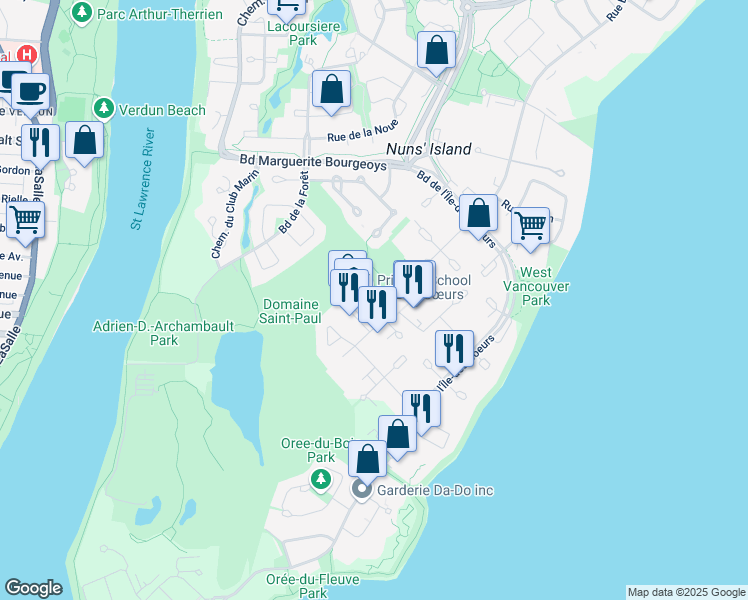 map of restaurants, bars, coffee shops, grocery stores, and more near 530 Rue de Gaspé in Montréal