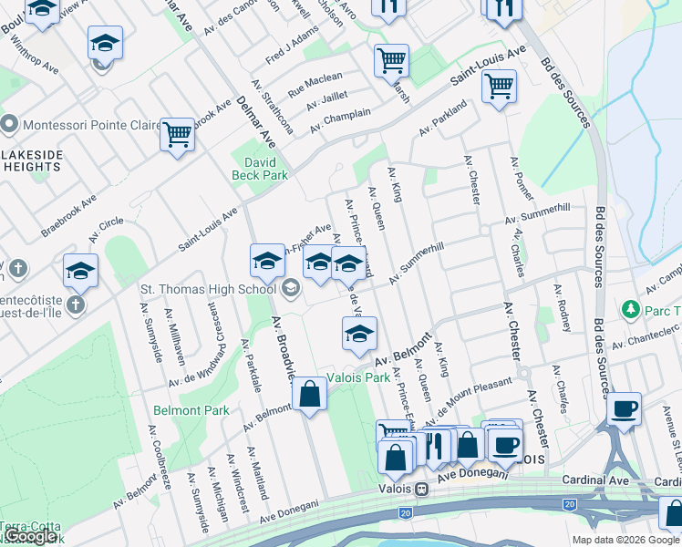 map of restaurants, bars, coffee shops, grocery stores, and more near 130 Avenue de la Baie de Valois in Pointe-Claire