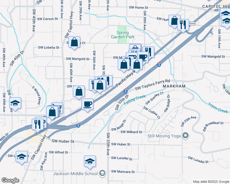 map of restaurants, bars, coffee shops, grocery stores, and more near 9406 Southwest Barbur Boulevard in Portland