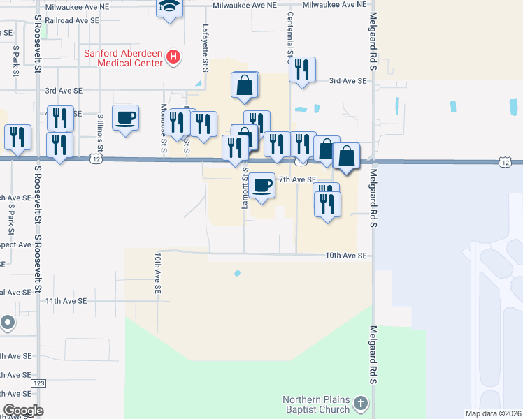 map of restaurants, bars, coffee shops, grocery stores, and more near 3316 7th Avenue Southeast in Aberdeen