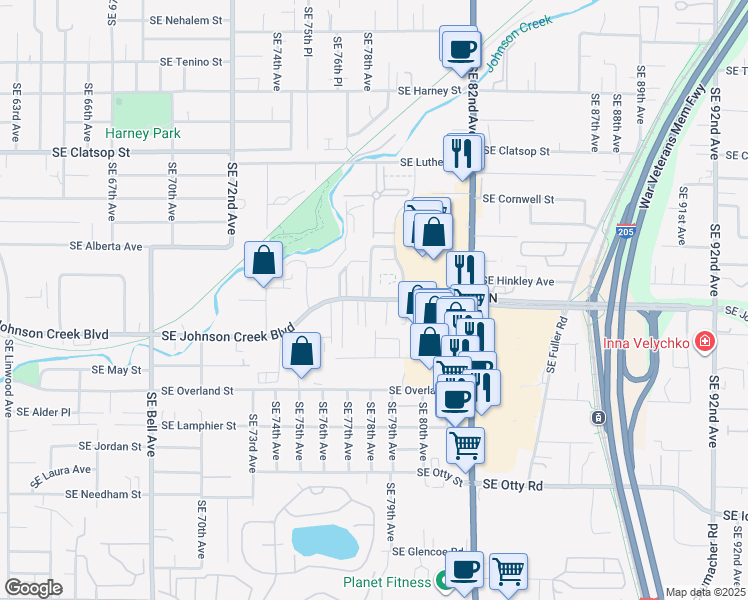 map of restaurants, bars, coffee shops, grocery stores, and more near 7833-7875 Southeast Johnson Creek Boulevard in Portland