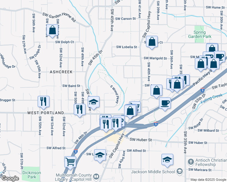 map of restaurants, bars, coffee shops, grocery stores, and more near 4427 Southwest Plum Street in Portland
