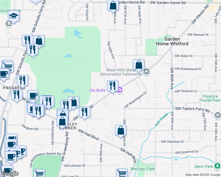 map of restaurants, bars, coffee shops, grocery stores, and more near 8944 Southwest Joe Court in Tigard