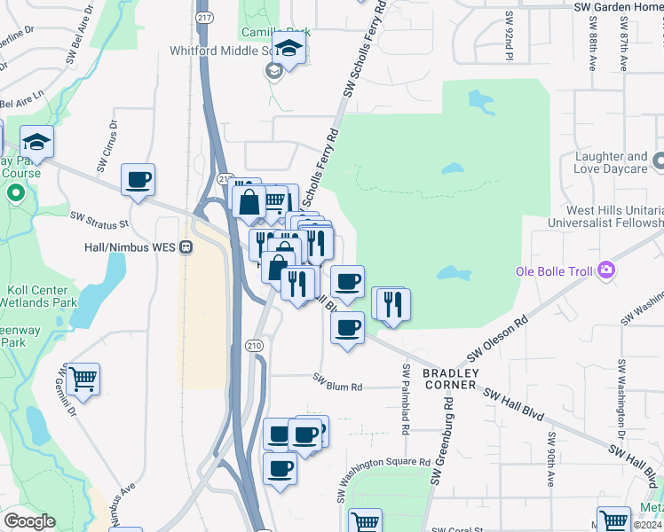 map of restaurants, bars, coffee shops, grocery stores, and more near 8655 Southwest Brightfield Circle in Portland