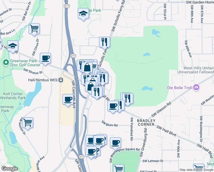 map of restaurants, bars, coffee shops, grocery stores, and more near 8655 Southwest Brightfield Circle in Portland