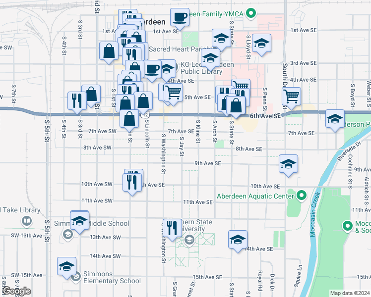 map of restaurants, bars, coffee shops, grocery stores, and more near 714 South Jay Street in Aberdeen