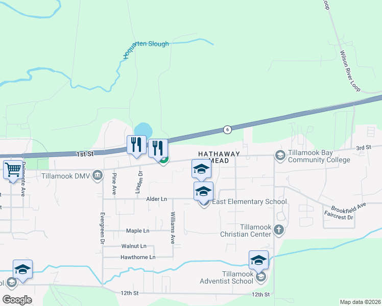 map of restaurants, bars, coffee shops, grocery stores, and more near 3902 3rd Street in Tillamook