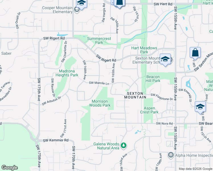 map of restaurants, bars, coffee shops, grocery stores, and more near 16520 Southwest Marcile Lane in Beaverton