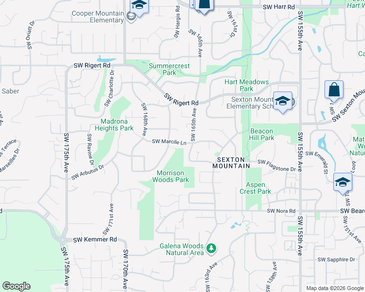 map of restaurants, bars, coffee shops, grocery stores, and more near 16520 Southwest Marcile Lane in Beaverton