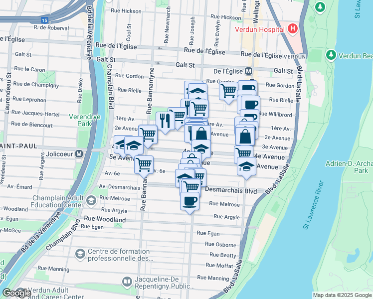 map of restaurants, bars, coffee shops, grocery stores, and more near 641 4e Avenue in Montréal