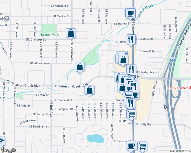 map of restaurants, bars, coffee shops, grocery stores, and more near 7607 Southeast Johnson Creek Boulevard in Portland