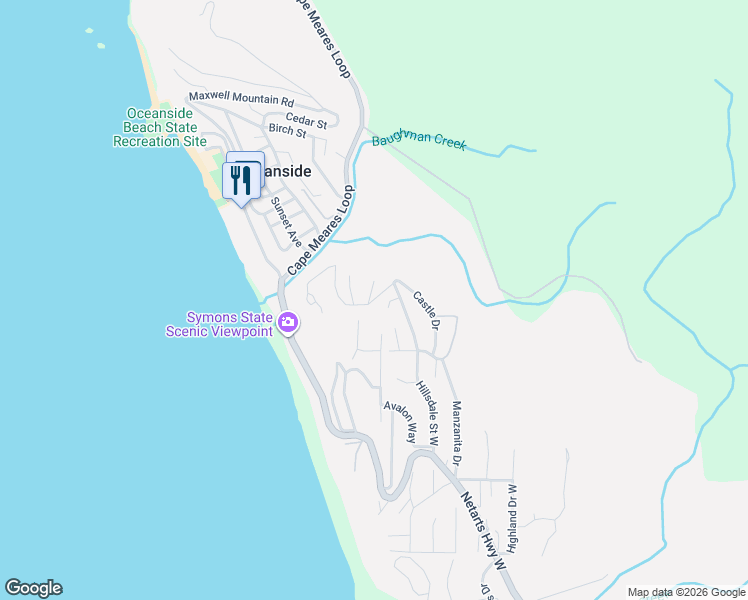 map of restaurants, bars, coffee shops, grocery stores, and more near Castle Drive in Oceanside